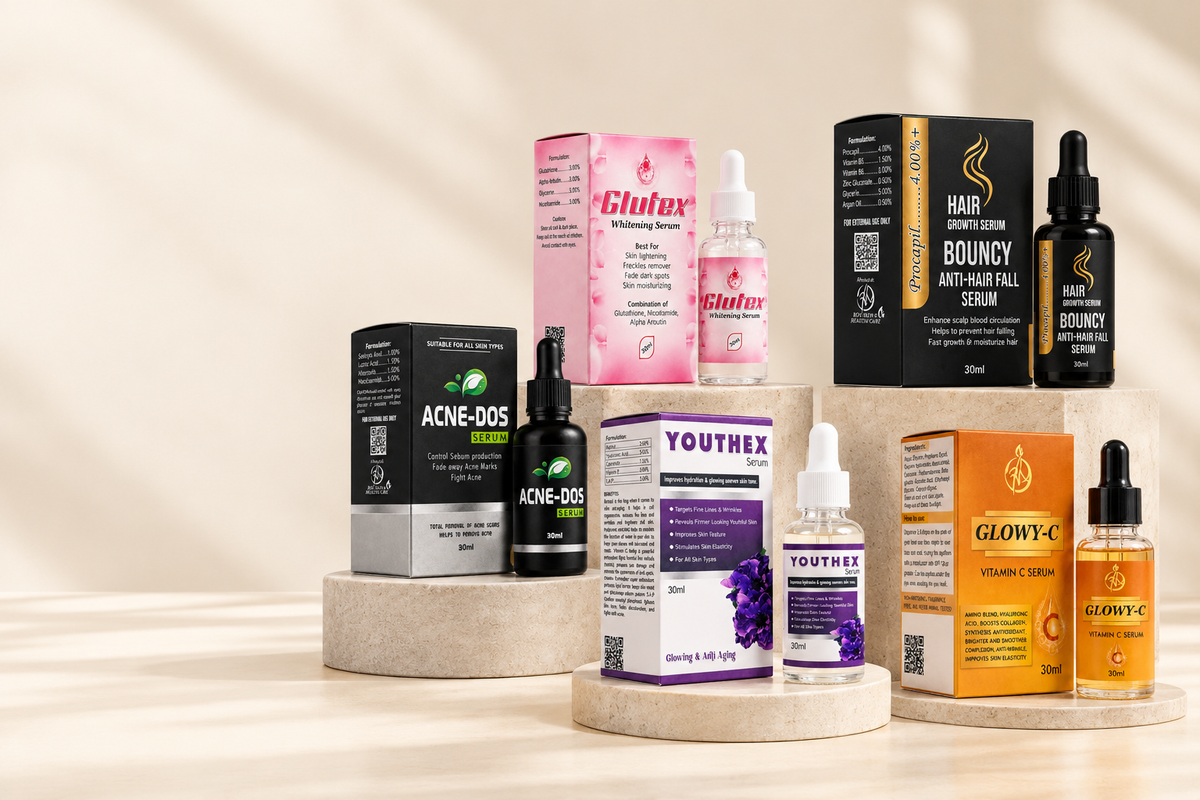Deravique Life Sciences skincare serum collection hero banner featuring Acne-Dos, Glutex, Bouncy, Youthex and Glowy-C serums