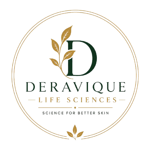 A circular logo for Deravique Life Sciences, featuring a large dark green letter D with gold leaves, the brand name 'DERAVIQUE LIFE SCIENCES', and the tagline 'SCIENCE FOR BETTER SKIN' on a white background.
